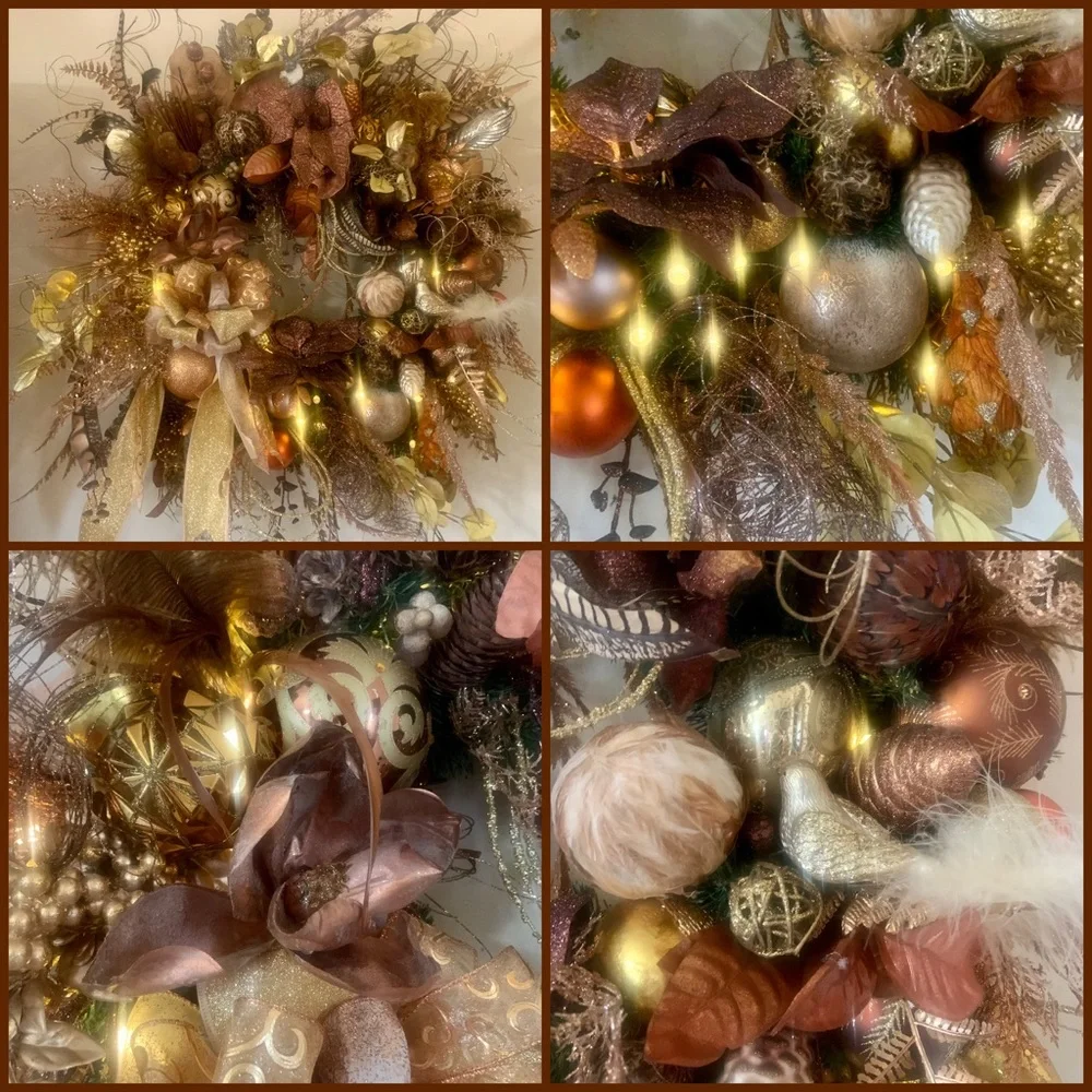 New Large 32” Elegant Floral Christmas Bronze Gold Luxury Wreath With Lights